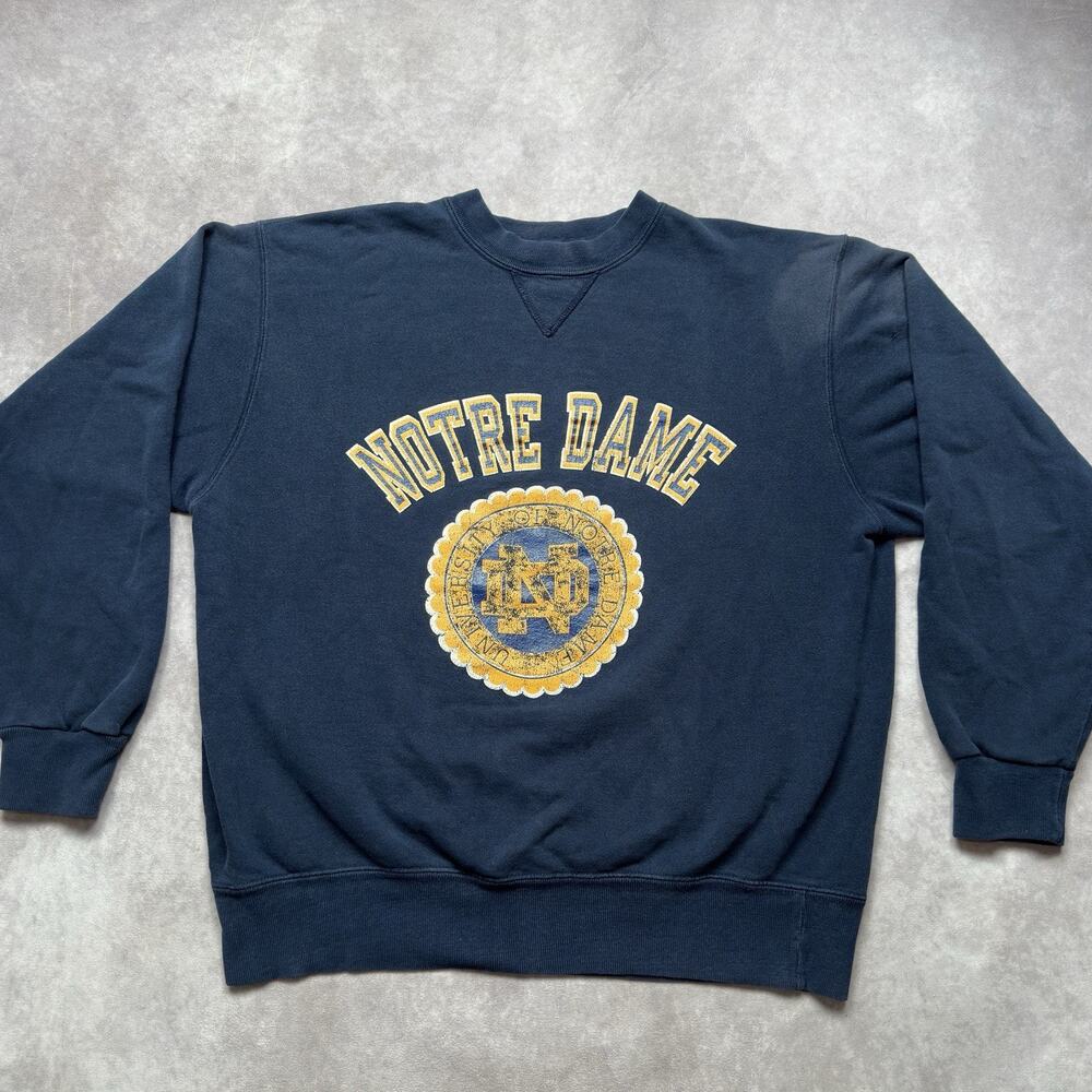 Vintage 90s Champion Notre Dame Crest Navy Fleece Sweatshirt XL Made USA Faded